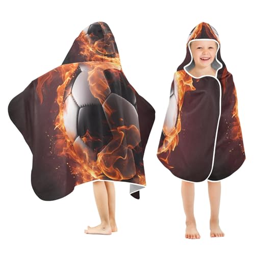 Image of Soccer Sport Fire Hooded Beach Towel for Kids, Kids Bath Hooded Towels for Boys Girls, Super Soft Absorbent Bathrobe with Hood for Swin Pool 50 inchx23.5 inch