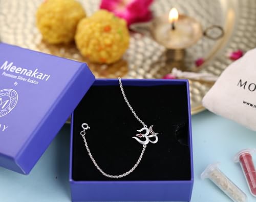 Image of Meenakari Pure 925 Sterling Silver Om chain Bracelet /Rakhi set with Roli Chawal and Rakshabandhan Greeting Card For Brother /Men /Unisex