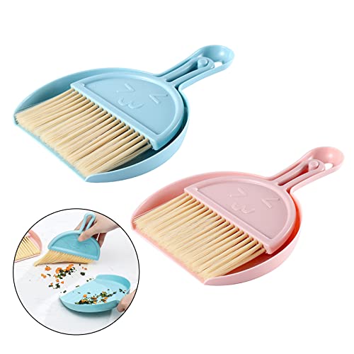 KALUROIL 2 PCS Juego de recogedor y Cepillo pequeño, Mini Cacerola para el Polvo con escobas, recogedor Cepillo portátil de Mesa, barrendero de Migas de Mesa (Azul+Rosa)