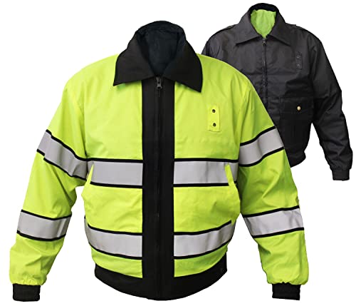 RYNO GEAR HIGH VISIBILITY LIMEGREEN&BLACK LIGHT WEIGHT POLYESTER INNER&OUTER SHELL WATER RESISTANT REVERSIBLE JACKET FOR MEN