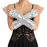 Yikisdy Sequin Fingerless Silver Sparkly Gloves Rave Mermaid Gloves for Women (Silver)