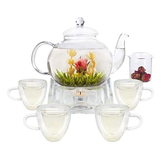GURUDAR Glass Teapot Set, 40OZ/1200ml Stovetop Safe Glass Tea Kettle with 4 Double-Wall Tea Cups & Loose Tea Infuser & Tea Warmer, Dishwasher Safe Tea Maker, Blooming Tea Gift Set For Women