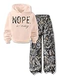 Vitalique Teen Girls Outfits Letter Print Long Sleeve Hooded Tops Sweatsuit Cargo Pants Fall Winter Girls Clothes (Camouflage Size 15-16)