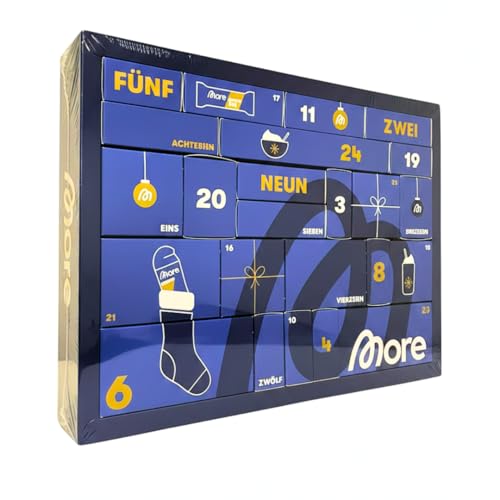 MORE Nutrition Adventskalender 2025 Premium Weihnachtsedition mit 31 Überraschungen Blau 45x35x12cm Protein Chunky Flavours Zerups Shaker und Zubehör Weihnachten Advent Calendar