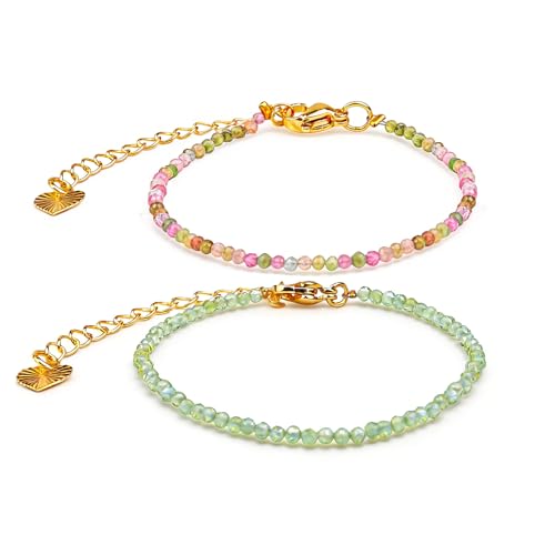Mwmoeen Lot de 2 bracelets en véritable pierre naturelle pour femme - Bracelet en pierre précieuse de diamant naturel de 2,5 mm - Bracelet porte-bonheur - Emballage cadeau exquis - Accessoires de