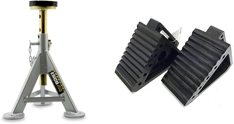 ESCO 3 Ton Jack Stand with MAXXHAUL Solid Rubber Heavy Duty Wheel Chocks