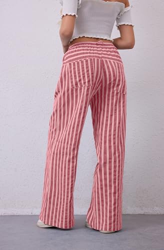 Image of MISSACTIVER Women Drawstring Striped Pants Loose Wide Leg Trousers Casual Low Waist Pants Comfy Lounge Pants with Pockets