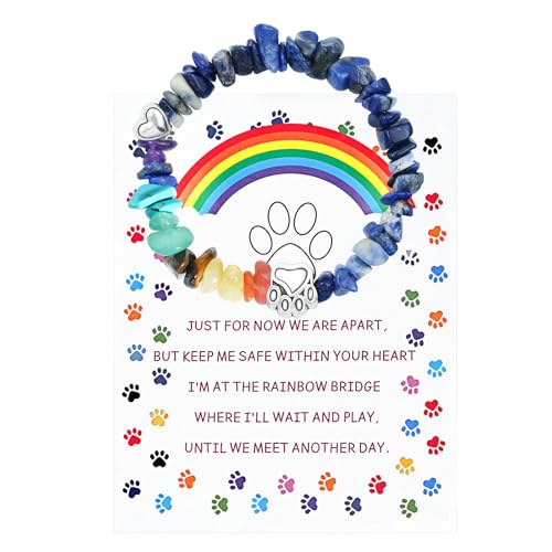 Rainbow Bridge Pet Memorial Bracelet - 7 Colors Chakra, Sympathy Gift for Loss of Dog or Cat, 7MM Mixed Color Gravel Stone, Bracelet for Grieving Pet Owners