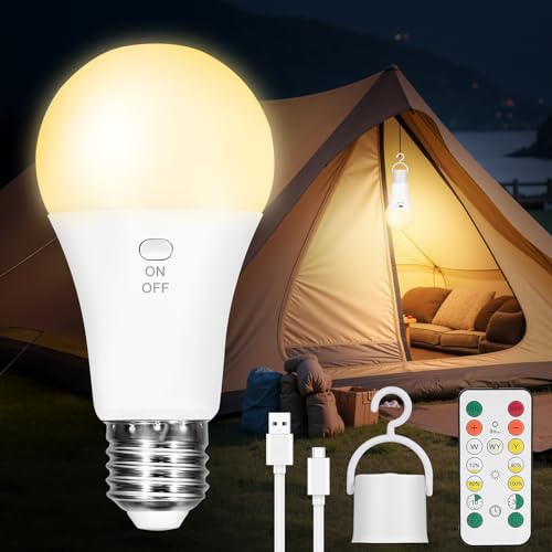 Kimjo Lâmpadas recarregáveis com controle remoto, mantenha a iluminação durante a falta de energia, lâmpada operada por bateria de emergência de 2600 mAh com 3 cores, regulável para casa, acampamento