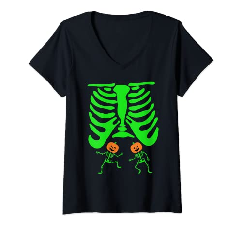 Donna Halloween Green Skeleton Twins XRay Pregnant Jack O Lantern Maglietta con Collo a V