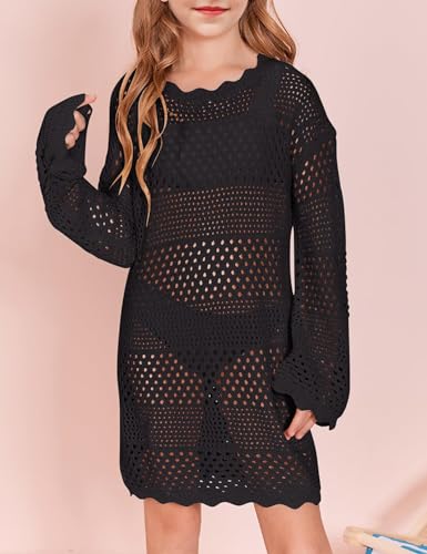 Girls Crochet Swimsuit Cover Up Kids Long Sleeve Hollow Out Swimwear Bikini Beach Dress2