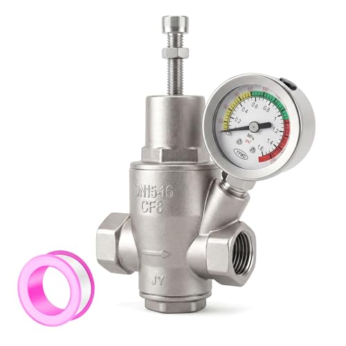 MEANLIN MEASURE 1/2\" Water Pressure Reducing Valve, DN15, 304 Stainless Steel Adjustable Pressure Regulator with 0-220 PSI Gauge, for Home Plumbing, RV, Industrial Water Pipe System