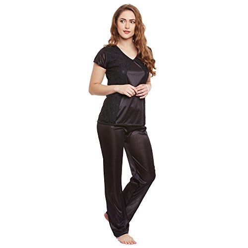 Image of Claura Stylish Women Satin Night Suit with Lace Work Pyjama Set