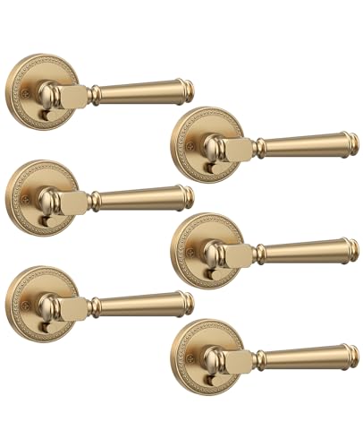 Amerdeco 6 Pack Champagne Bronze Privacy Door Handles Champagne Bronze Interior Door Knobs Heavy Duty Door Lever for Bedroom and Bathroom Reversible Keyless for Right & Left Side AM0034