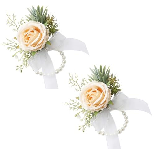 Champagne Rose Wrist Corsage and Boutonniere Set Wedding Bridal Wrist Flower Corsages with Pearl Wristlet Band Bracelet Pin for 