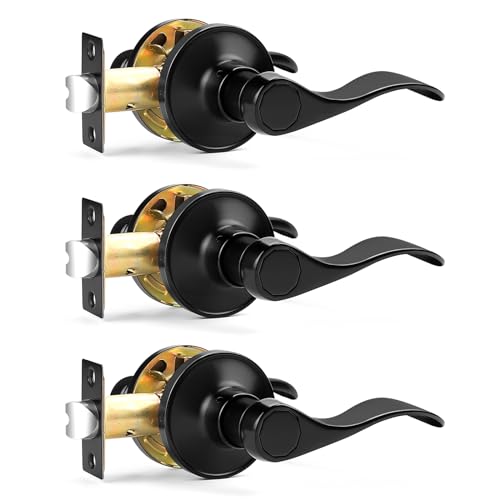 Probrico Passage Door Levers 3 Pack Matte Black Interior Door Lever, Black Passage Door Handle for Hallway and Closet Keyless Door Handle Lock, Reversible Door Lever Wave Style