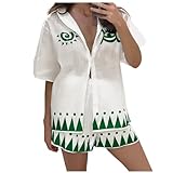 QJDFLL Damen Pyjama Set, Bedruckt, 2 teilig, kurzärmelig, Button Down Oberteil, Kordelzug, Shorts, Loungewear, Nachtwäsche Sets(Weiß,L)