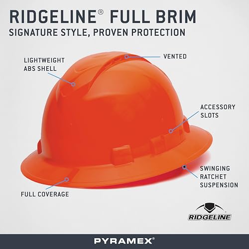 Pyramex Ridgeline Full Brim Hard Hat 4 Point Ratchet Hi Vis Orange Vented