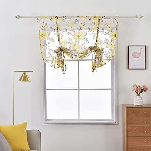 SMITHOOM 1 Piece Sheer Roman Curtain Rod Pocket Camellia Flower Print Tie Up Voile Ballon Shade for Kitchen Bathroom Living Room Door Window Decoration, Yellow, 40x63inch