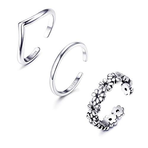 Sllaiss 925 Sterling Silver Toe Rings for Women Hypoallergenic Adjustable Open Toe Rings Tail Finger Flower Rings Set 3Pcs Foot Jewelry style B
