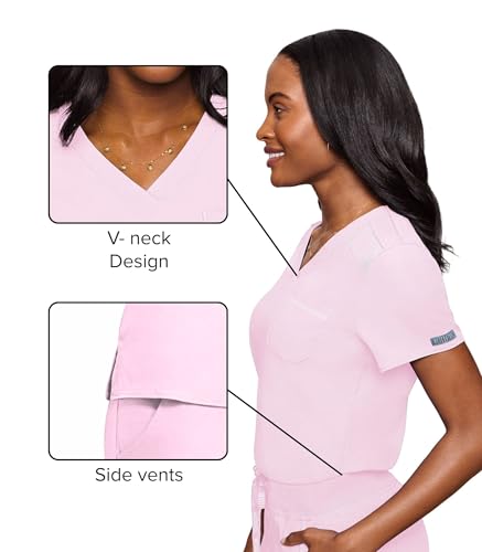 Image of Med Couture Women's V-Neck Scrub Top, Modern Fit Tuck-in Top with Stretchy Rib-Knit Shoulders and Chest Pocket - MC7448