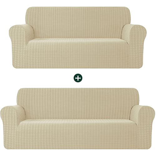 Chun Yi 1 Piece Couch Cover Set, Loveseat Slipcover Bundle Sofa Slipcover For 2 Seater And 3 Seater Couch, Soft Washable Furniture Coat With Elastic Bottom, Spandex Houndstooth Fabric( Ivory White) #TOP30