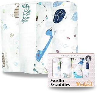 Viviland Muslin Swaddle Blanket, Baby Swaddle Blanket for Boys & Girls, Nursery Receiving Blanket for Newborn, Baby Swaddle Wrap Soft Silky & Breathable, 4 Packs, 47 X 47In, Blue Floral