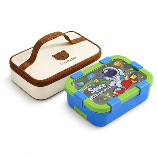 Image of Motka Kids 650 ML Lunch Box Set with Insulated Lunch Bag | 3 Compartments BPA Free Leakproof, Bento Snack Container for School, Travel & Picnic | Cute Cartoon Design for Boys & Girls (Blue)