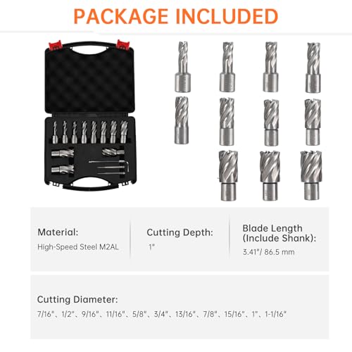 Image of 13 PC Annular Cutter Set, 1 inch Cutting Depth, 7 /16 inch to 1-1 /16 inch Cutting Diameter, HSS Mag Drill Bits Kit with 2 Pilot Pins & Portable Case, Universal Shank Mag Drill Bits for Magnetic Drill Press