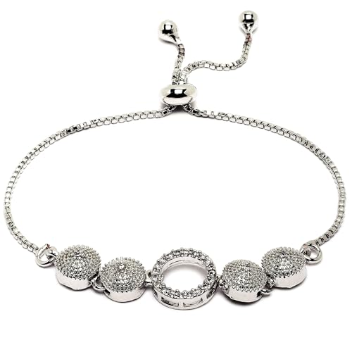 Image of ZENEME Rhodium-Plated Silver Toned American Diamond Geometric Circle Bracelet for Women & Girls CZ Studded Adjustable Designer Bracelet