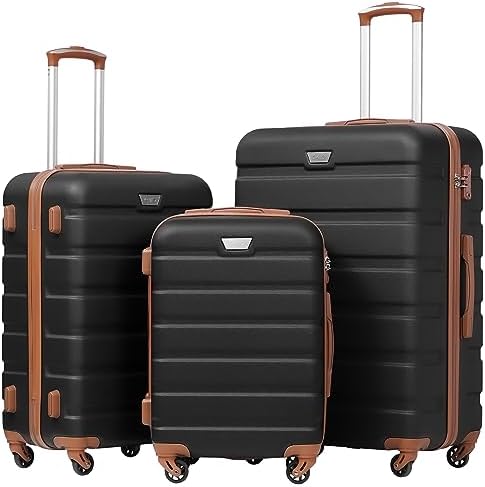 COOLIFE Suitcase Trolley Carry On Hand Cabin Luggage Hard Shell Travel Bag Lightweight with TSA Lock and 2 Year Warranty Durable 4 Spinner Wheels (Black/Brown, L(77cm 93L))