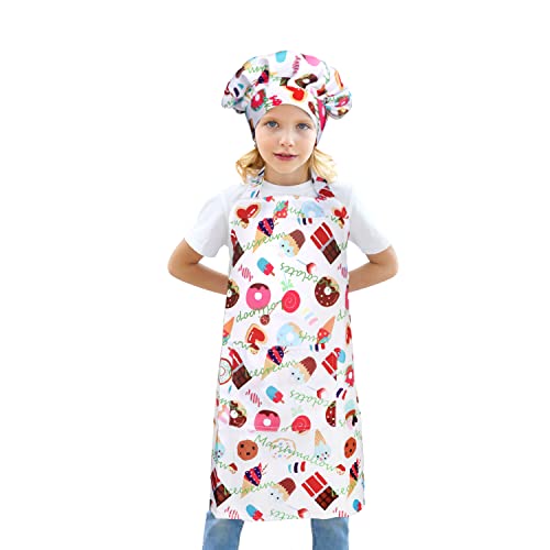 BIGHAS Kinderschürze Kochmütze Verstellbarer Nackenriemen Klettverschluss Design Bund zum Backen, Malen, Kochen (Weiß-Dessert, (3'11"-4'7") M) Cover