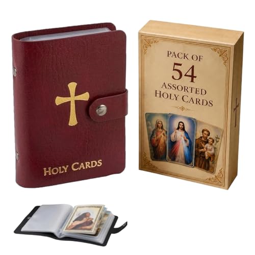 NLWF Catholic Genuine Holy Card Holder with 54 Prayer Cards Faux Leather Pocket Holder with Snap Button Genuine Prayer Cards for Religious and Memorial Use (Red)