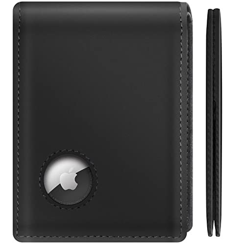 GAOCHALE Apple AirTag Wallet [Top Grain Leather] Air Tag Wallet [Ultra Slim] Minimalist AirTag Wallet RFID Blocking Wallet for Men Up to 11+ Cards (AirTag Not included)(Black)