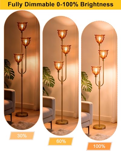 Image of Lightdot 66IN 3-Lights Modern Glass Floor Lamp Gold Dimmable Floor Lamps with 3000K Warm White Bulbs for Wedding Party Tall Standing Lamp with Deep Red Glass Shade for Living Room /Bedroom /Home Decor