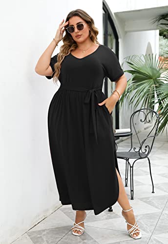 Image of Nemidor Womens Casual Plus Size Tie Waist Slit Long Maxi Dress with Pockets NEM313