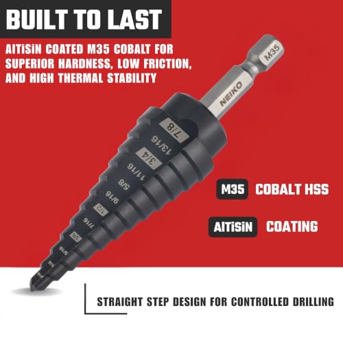 Image of NEIKO 10610B Step Drill Bit, 12 Steps 3 /16 inch to 7 /8 inch Straight M35 Cobalt, AlTiSiN Coated, 1 /4 inch Quick Change Step Bits for Steel, Metal, Wood, Plastic, Unibit Cone Drill Bits, Two Flute