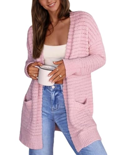 CiCiBird Women Long Cardigan Fuzzy Cardigan Sweater Open Front Knit Outwear Coat with Pocket Pink L