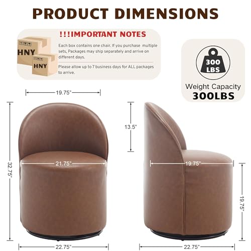 Image of HNY Upholstered Kitchen & Dining Room Barrel Chairs Set of 4, Mid Century Modern Round Leather Dining Chairs, 360 Degree Swivel Comfy Armless Accent Makeup Vanity Side Chairs for Living Room, Brown