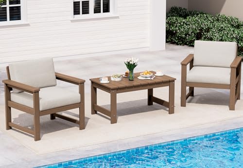 Image of SERWALL 3 Pieces HDPE Outdoor Sofa Bistro Set with Cushion, Patio Outdoor Furniture Sofa Sets with Porch Chairs and Coffee Table, Brown Frame /Khaki Cushion