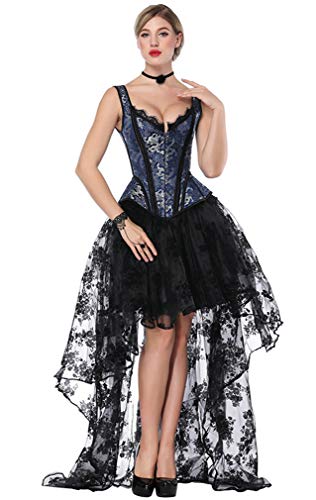 Kimring Women's Victorian Gothic Jacquard Shoulder Straps Tank Overbust Corset Bustier with Organza High Low Skirt Set Blue/Black X-large