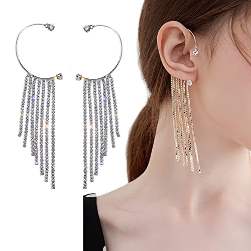 WTOPS 2021 New Sparkling Diamond Tassel Earrings, Women Elegance Tassel Long Dangle Chain Earrings Without Pierced Earrings, Dangle Ear Cuff Earrings Jewelry Gift for Grils, A Pair Sliver