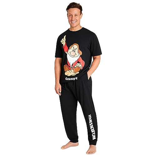 Disney Schlafanzug Herren Lang Lustig Pyjama Set Herren Nachtwäsche Witzig Donald Duck Grumpy Jack Skellington M-3XL (M, Schwarz Grumpy)
