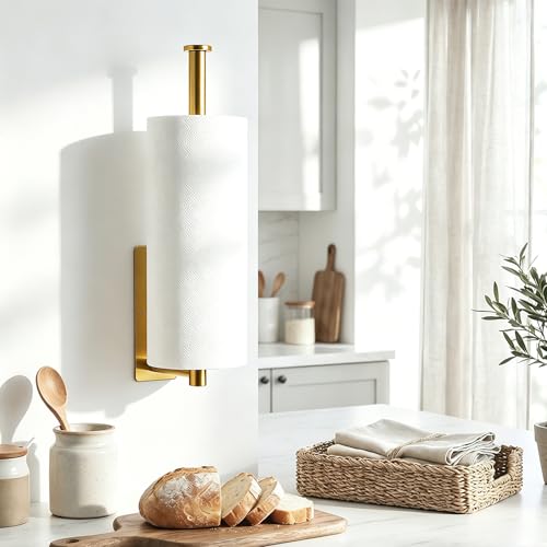 Image of Gold Paper Towel Holder Under Cabinet, Self Adhesive Paper Towel Roll Holder Stick on Wall, Stainless Steel Towel Paper Holder for Kitchen Bathroom
