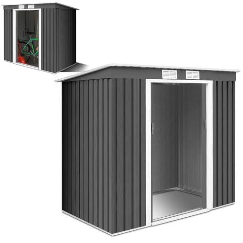 HOMASIS Casetta da Giardino in Lamiera con Tetto Spiovente e Fondamenta, Capanno da Giardino con 2 Porte Scorrevoli e 2 Finestre per la Ventilazione, Grigio, 213 x 130 x 173 cm