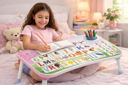 Image of Printed Wooden Study Desk for Kids, Foldable & Portable Laptop Table for Bed, Large Kids Activity Table with Non-Slip Legs, Multipurpose Breakfast Tray & Picnic Table (ABCD)