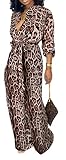 Cvilse Women's Sexy Leopard Jumpsuits Elegant Button Down Long Sleeve Straight Long Pants with Belt