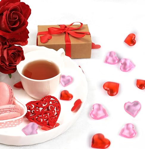 CHRORINE 70 Pcs Acrylic Heart Ornaments Translucent Hearts Shaped Gems Crystals for Table Scatter Decoration/Vase Fillers/Artwork in Valentine or Wedding Party- Red,Pink