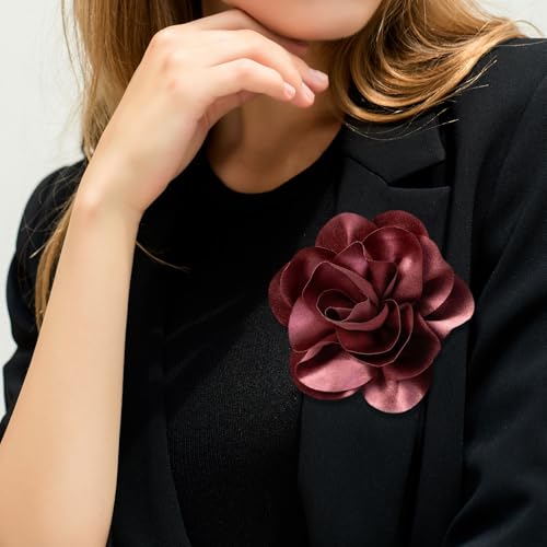 Image of 2Pack 6inch Extra Large Satin Brooches Lapel Pins Dainty Elegant Fabric Camellia Rose Flower Brooch Pin for Women Wedding Part Dance Clothes Accessories Jewelry