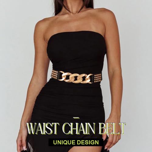 Asooll Punk Leather Waist Belt Gold Rivet Chunky Chain Belts Party Club Elastic Dress Belt for Women2